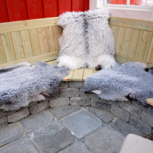 Austrått agrotourism, Norsk Pelssau, sheep pelt, two shorthaired and one longhaired pelts lying on a bench