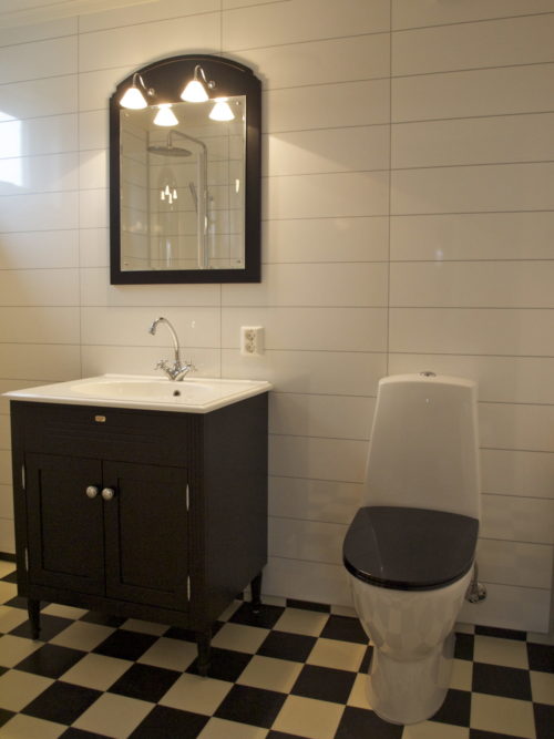 Austrått agrotourism, Kårstua, bathroom with black vanity unit, black and white floor